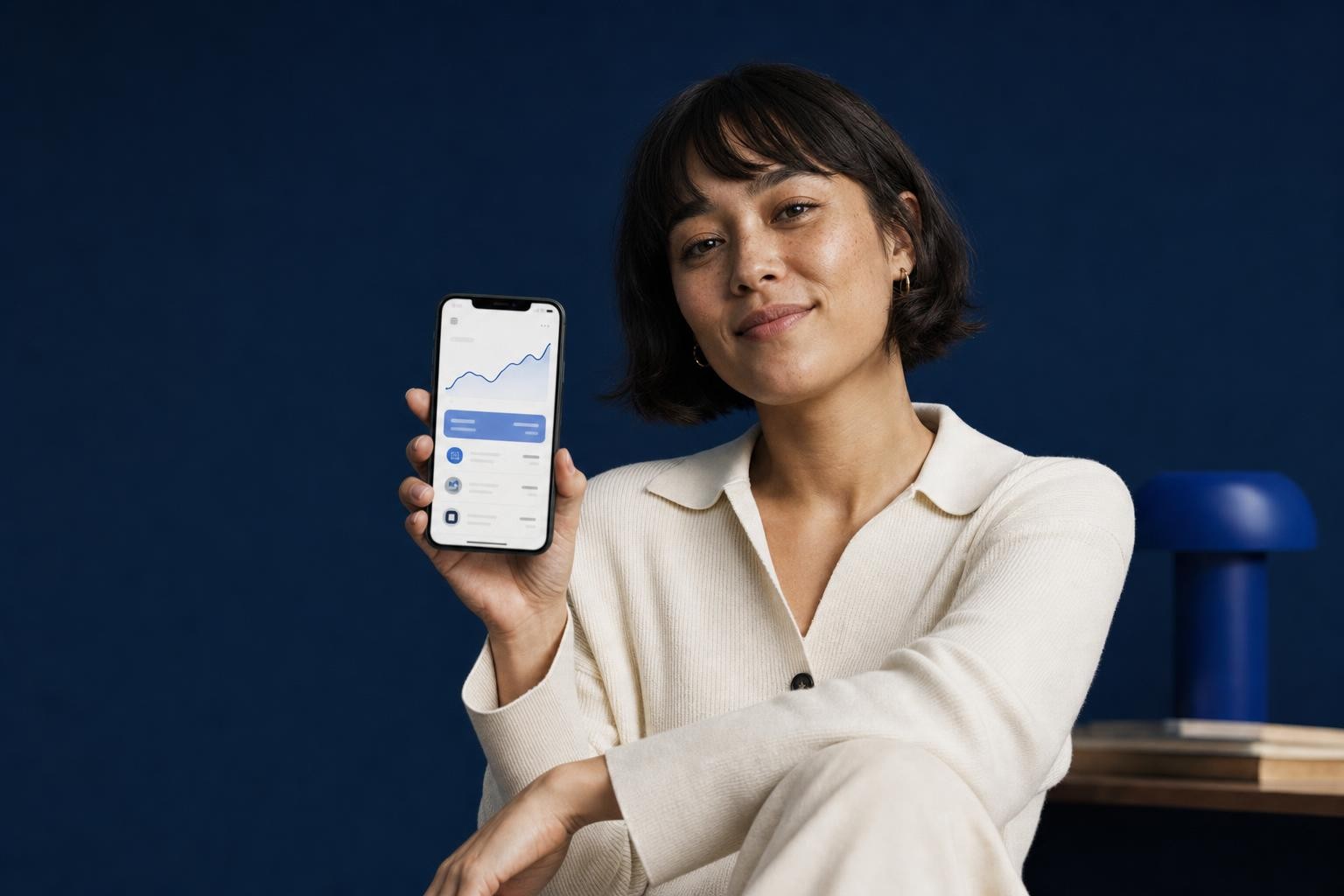 Creator holding a smartphone with a generic fintech app interface